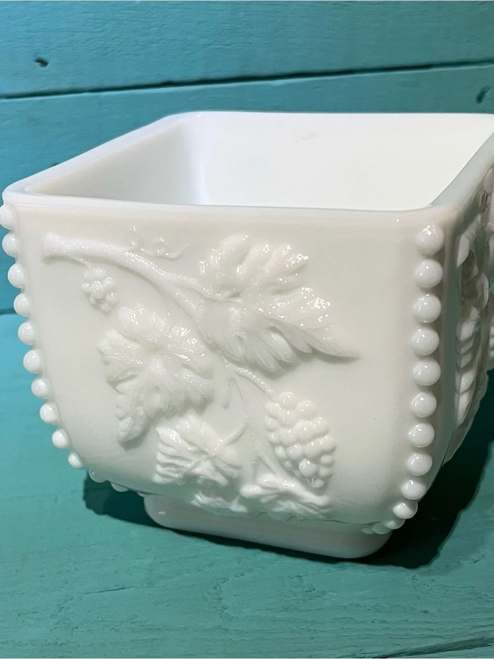 White Milk Glass Planter with Grape Relief and Beaded Edge